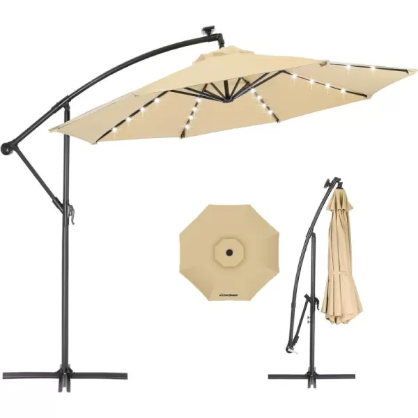 EchoSmile 10ft Solar Offset Umbrella With 8 Ribs and 32 Led Lights Cantilever Hanging Outdoor Umbrella weasy Tilt Adjustment ampamp Uv Protection Suitable For Gardens Lawns Decks Backyards GrayKhaki  Black