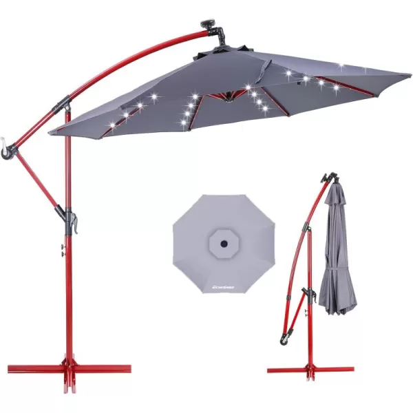 EchoSmile 10ft Solar Offset Umbrella With 8 Ribs and 32 Led Lights Cantilever Hanging Outdoor Umbrella weasy Tilt Adjustment ampamp Uv Protection Suitable For Gardens Lawns Decks Backyards GrayGray  Red