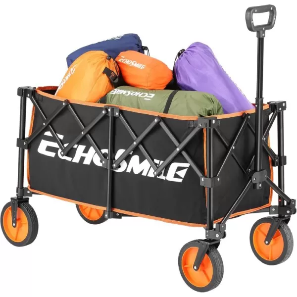 EchoSmile Collapsible Folding Wagon Cart Beach Wagon for Sand with Big Wheels Heavy Duty 300lbs Capacity Utility Wagon Portable Garden Cart with Adjustable Handle Black and OrangeBlack  Orange