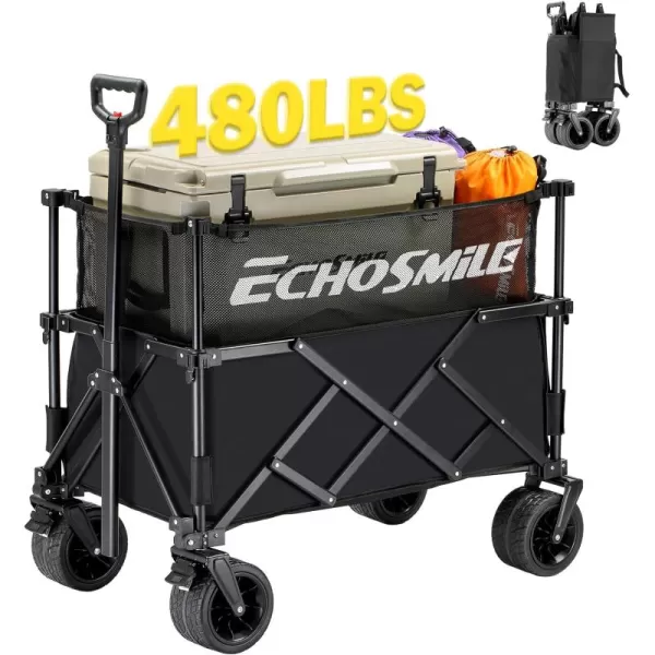EchoSmile Collapsible Outdoor Utility Wagon Beach Wagon for Sand with Big Wheels Camping Portable Cart Heavy Duty 480lbs Capacity Utility WagonFolding Wagon with Oxford FabricMesh Fabric