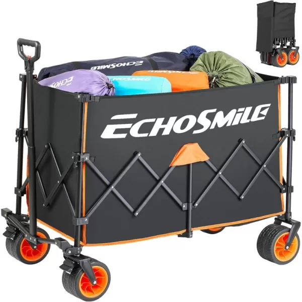 EchoSmile Collapsible Wagon with Wide Wheel Extended Height Beach Wagon for Sand with Big Wheels Camping Portable Cart Heavy Duty 500lbs Capacity Utility WagonBlackBlack  Orang
