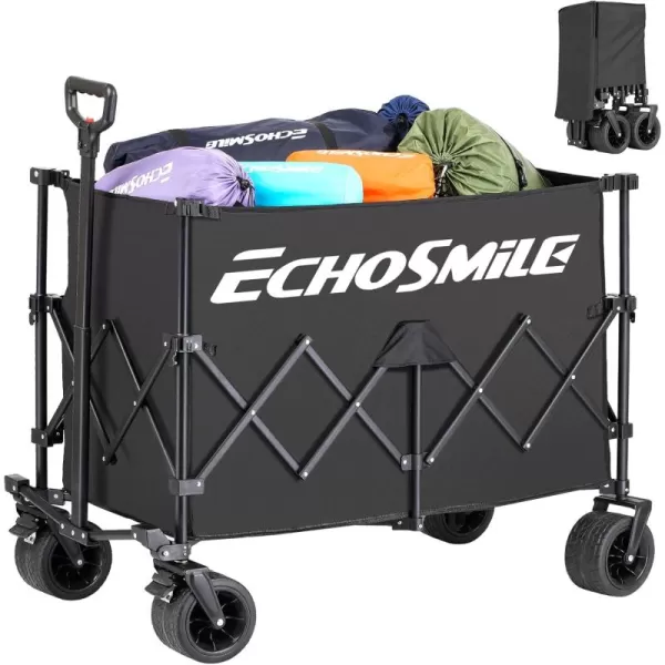 EchoSmile Collapsible Wagon with Wide Wheel Extended Height Beach Wagon for Sand with Big Wheels Camping Portable Cart Heavy Duty 500lbs Capacity Utility WagonBlackBlack
