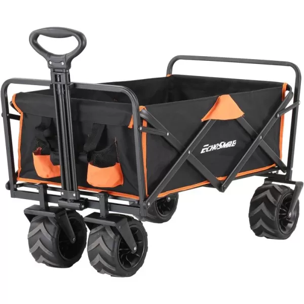 EchoSmile Heavy Duty 350 Lbs Capacity Collapsible Wagon Outdoor Folding Camping Beach Wagons Grocery Portable Utility Cart Adjustable Rolling Carts All Terrain Sports Wagon with Big WheelsBlackorange
