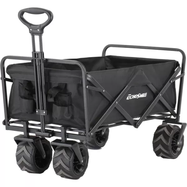 EchoSmile Heavy Duty 350 Lbs Capacity Collapsible Wagon Outdoor Folding Camping Beach Wagons Grocery Portable Utility Cart Adjustable Rolling Carts All Terrain Sports Wagon with Big WheelsBlack
