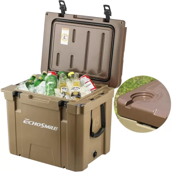 EchoSmile Insulated Portable Cooler 1445 Qt Rotomolded Cooler with Sealing Ring 5 Days Ice Cooler Lightweight Ice Chest Box Hard Cooler for BBQ Beach Drink Camping PicnicKhaki 45QT