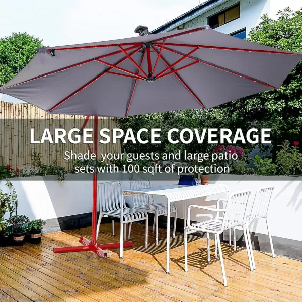 EchoSmile 10ft Solar Offset Umbrella With 8 Ribs and 32 Led Lights Cantilever Hanging Outdoor Umbrella weasy Tilt Adjustment ampamp Uv Protection Suitable For Gardens Lawns Decks Backyards GrayGray  Red