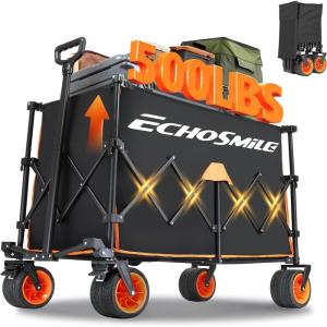 imageEchoSmile Collapsible Foldable Extended Wagon with 500lbs Weight Capacity 300L Folding Utility Wagon Cart with Big AllTerrain Wheels for BeachSportGargenampampGroceryBlackBlack  Orange