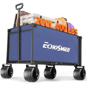 imageEchoSmile Collapsible Wagon Cart for Camping ampamp Beach  Heavy Duty 400lbs Capacity AllTerrain Cart with Wide Wheels Portable Folding Utility Wagon for Grocery Garden SportsBlackBlueorange