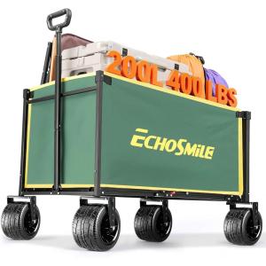 imageEchoSmile Collapsible Wagon Cart for Camping ampamp Beach  Heavy Duty 400lbs Capacity AllTerrain Cart with Wide Wheels Portable Folding Utility Wagon for Grocery Garden SportsBlackGreenyellow