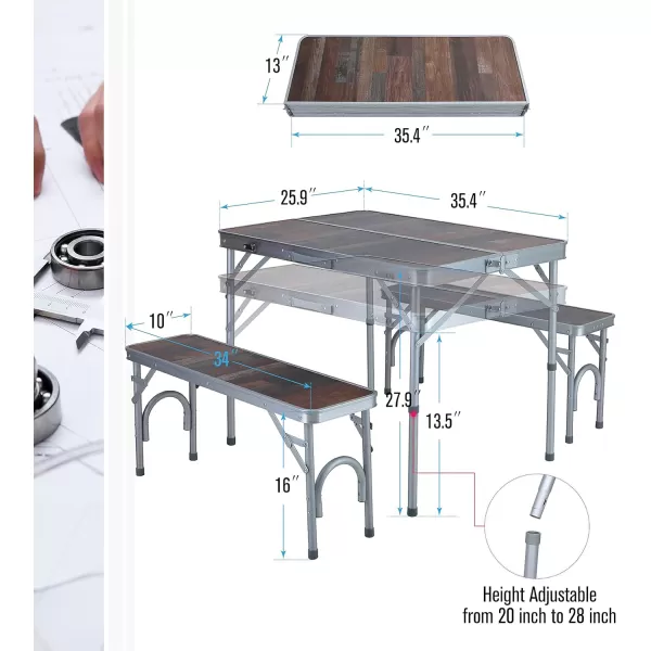 LETS CAMP 3PCS Folding Camping Picnic Table with Bench Set Lightweight ampamp Heavy Duty Adjustable Heights Camping Table for Indoor Outdoor Patio Backyard Party