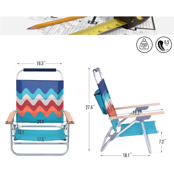LETS CAMP Backpack Beach Chairs Lightweight Folding 3 Position Portable Camping Chairs with Wooden Armrests Set of 2Wave