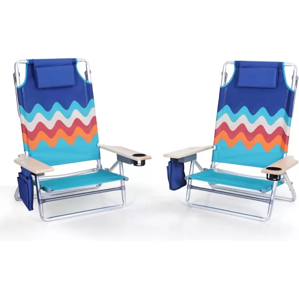 LETS CAMP Backpack Beach Chairs Lightweight Folding 3 Position Portable Camping Chairs with Wooden Armrests Set of 2Wave