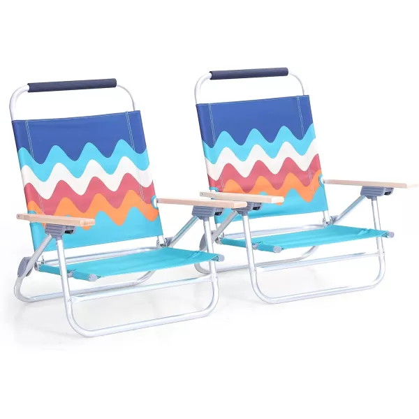 LETS CAMP Backpack Beach Chairs Lightweight Folding 3 Position Portable Camping Chairs with Wooden Armrests Set of 2Wave