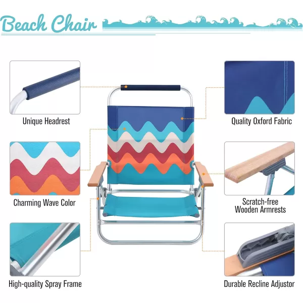 LETS CAMP Backpack Beach Chairs Lightweight Folding 3 Position Portable Camping Chairs with Wooden Armrests Set of 2Wave