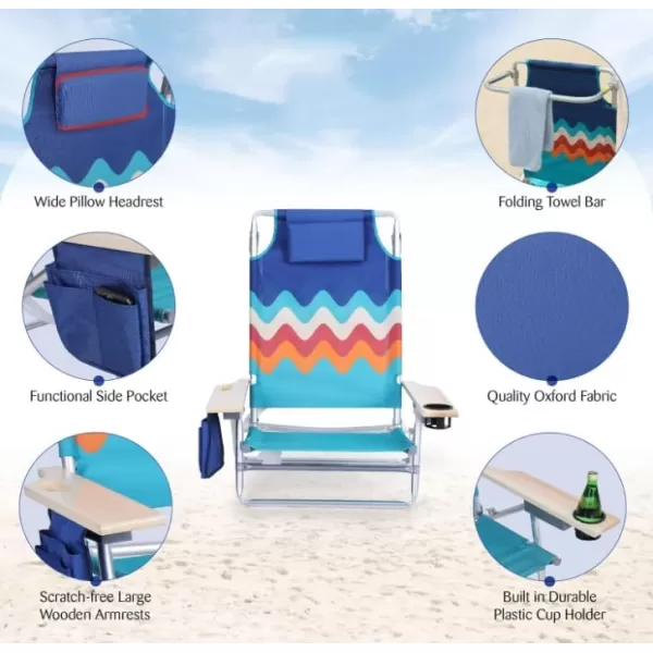 LETS CAMP Backpack Beach Chairs Lightweight Folding 3 Position Portable Camping Chairs with Wooden Armrests Set of 2Wave