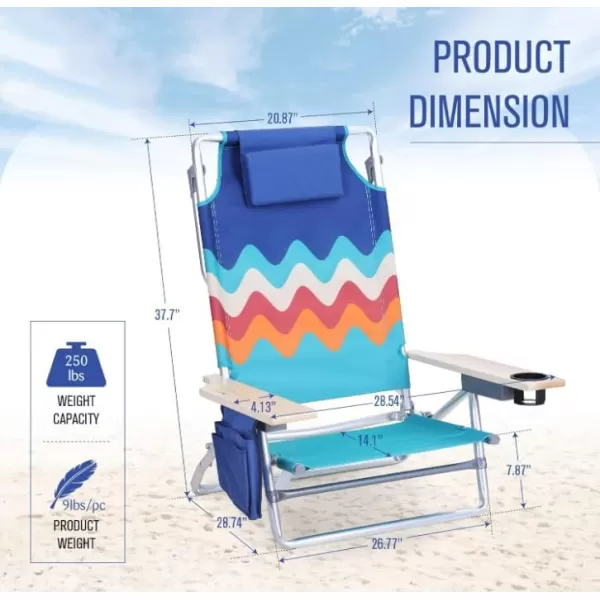 LETS CAMP Backpack Beach Chairs Lightweight Folding 3 Position Portable Camping Chairs with Wooden Armrests Set of 2Wave