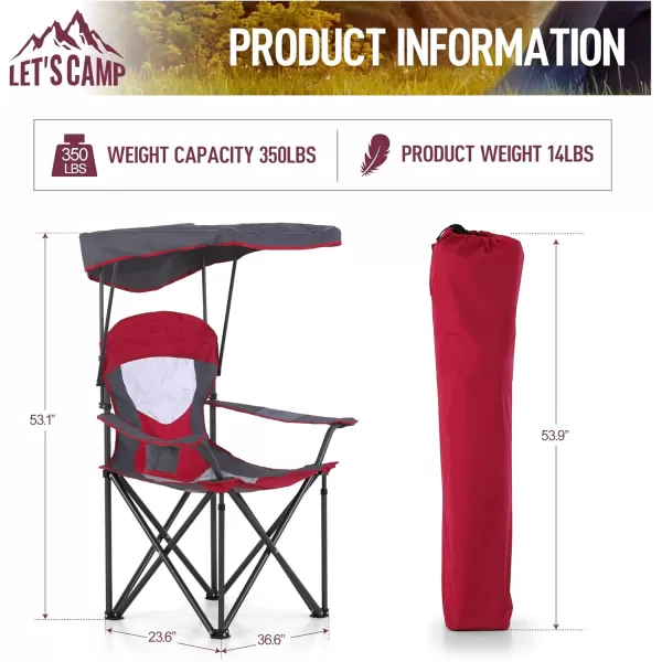 LETS CAMP Camp Chair with Shade Canopy Folding Camping Chair with Cup Holder and Carry Bag for Outdoor Camping Hiking Beach Heavy Duty 350 LBSRed