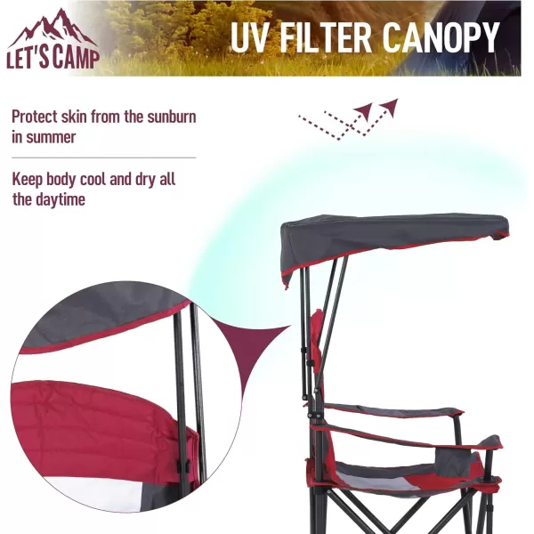 LETS CAMP Camp Chair with Shade Canopy Folding Camping Chair with Cup Holder and Carry Bag for Outdoor Camping Hiking Beach Heavy Duty 350 LBSRed