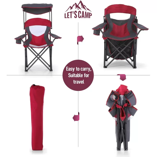 LETS CAMP Camp Chair with Shade Canopy Folding Camping Chair with Cup Holder and Carry Bag for Outdoor Camping Hiking Beach Heavy Duty 350 LBSRed