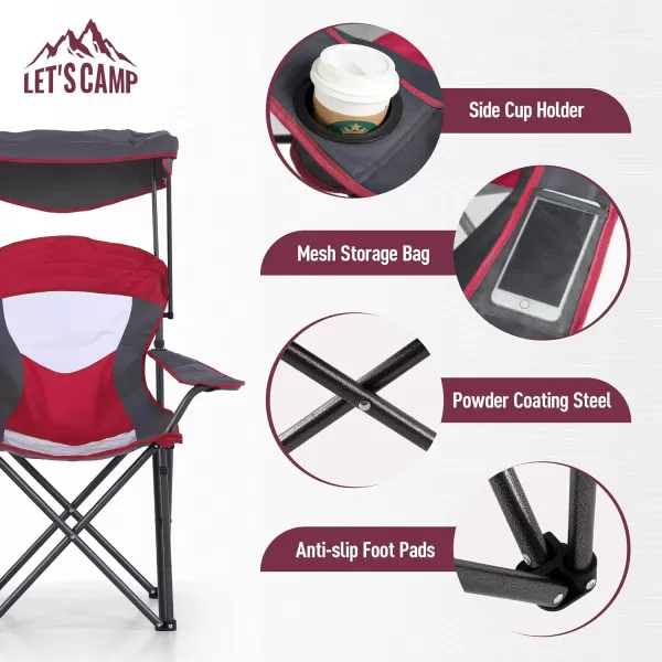 LETS CAMP Camp Chair with Shade Canopy Folding Camping Chair with Cup Holder and Carry Bag for Outdoor Camping Hiking Beach Heavy Duty 350 LBSRed
