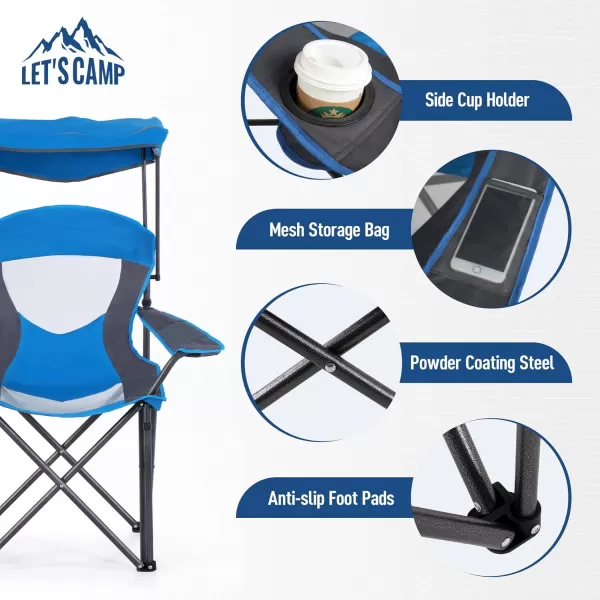 LETS CAMP Camp Chair with Shade Canopy Folding Camping Chair with Cup Holder and Carry Bag for Outdoor Camping Hiking Beach Heavy Duty 350 LBSRoyal Blue