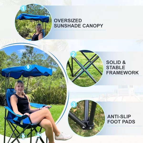LETS CAMP Camp Chair with Shade Canopy Folding Camping Recliner Chair with Carry Bag for Outdoor Camping Hiking Beach Heavy Duty 350 LBSLight Blue