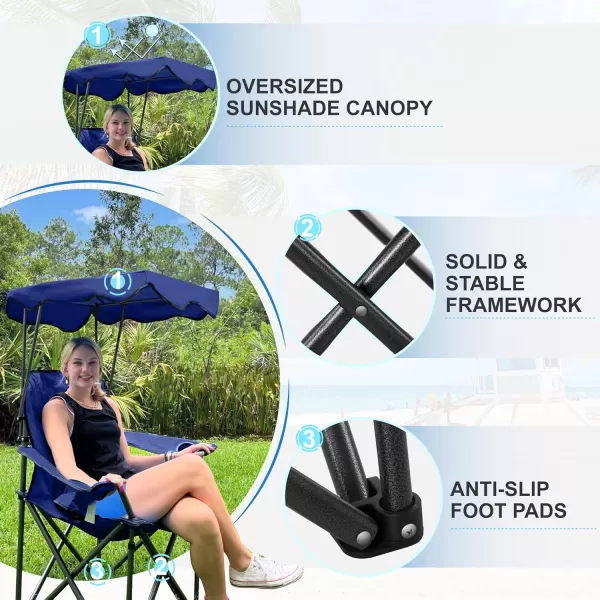 LETS CAMP Camp Chair with Shade Canopy Folding Camping Recliner Chair with Carry Bag for Outdoor Camping Hiking Beach Heavy Duty 350 LBSNavy