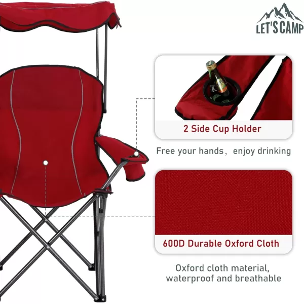LETS CAMP Camp Chair with Shade Canopy Folding Camping Recliner Chair with Carry Bag for Outdoor Camping Hiking Beach Heavy Duty 350 LBSRed