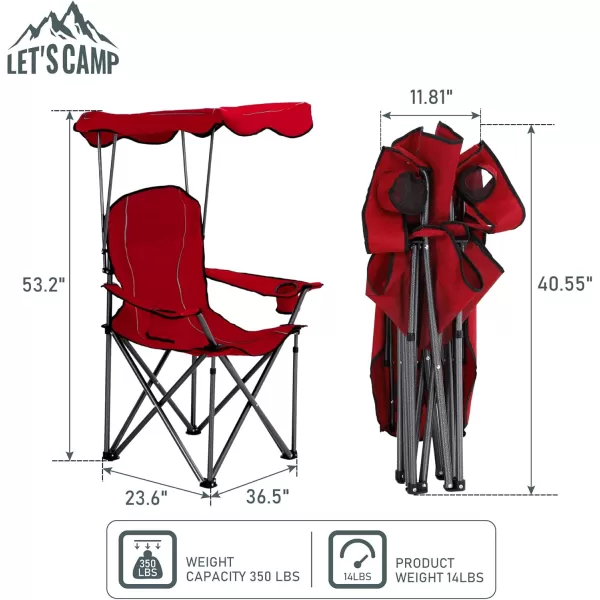 LETS CAMP Camp Chair with Shade Canopy Folding Camping Recliner Chair with Carry Bag for Outdoor Camping Hiking Beach Heavy Duty 350 LBSRed