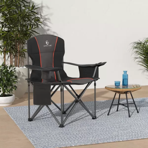 LETS CAMP Folding Camping Chair Oversized Heavy Duty Padded Outdoor Chair with Cup Holder Storage and Cooler Bag 450 LBS Weight Capacity Thicken 600D OxfordBlack