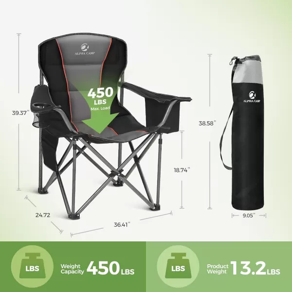 LETS CAMP Folding Camping Chair Oversized Heavy Duty Padded Outdoor Chair with Cup Holder Storage and Cooler Bag 450 LBS Weight Capacity Thicken 600D OxfordBlack