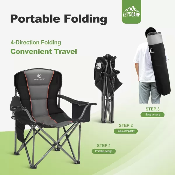LETS CAMP Folding Camping Chair Oversized Heavy Duty Padded Outdoor Chair with Cup Holder Storage and Cooler Bag 450 LBS Weight Capacity Thicken 600D OxfordBlack