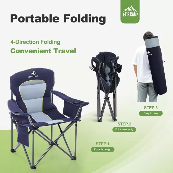 LETS CAMP Folding Camping Chair Oversized Heavy Duty Padded Outdoor Chair with Cup Holder Storage and Cooler Bag 450 LBS Weight Capacity Thicken 600D OxfordBlue