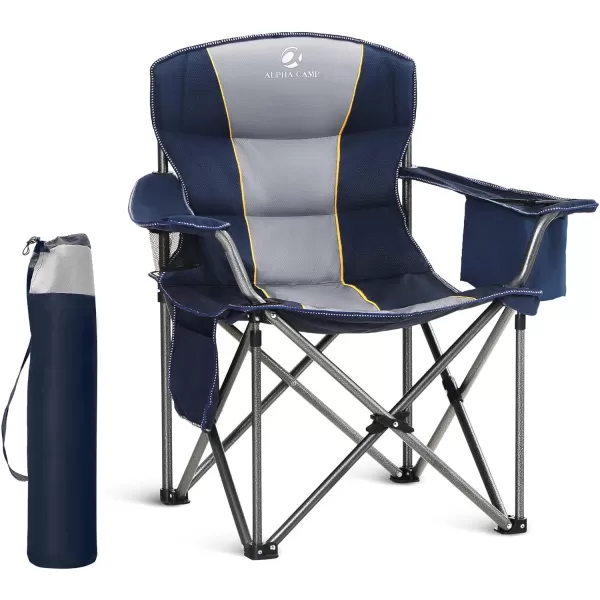 LETS CAMP Folding Camping Chair Oversized Heavy Duty Padded Outdoor Chair with Cup Holder Storage and Cooler Bag 450 LBS Weight Capacity Thicken 600D OxfordNavy Blue