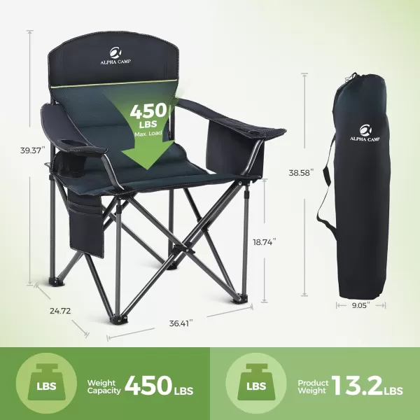 LETS CAMP Folding Camping Chair Oversized Heavy Duty Padded Outdoor Chair with Cup Holder Storage and Cooler Bag 450 LBS Weight Capacity Thicken 600D OxfordGreen