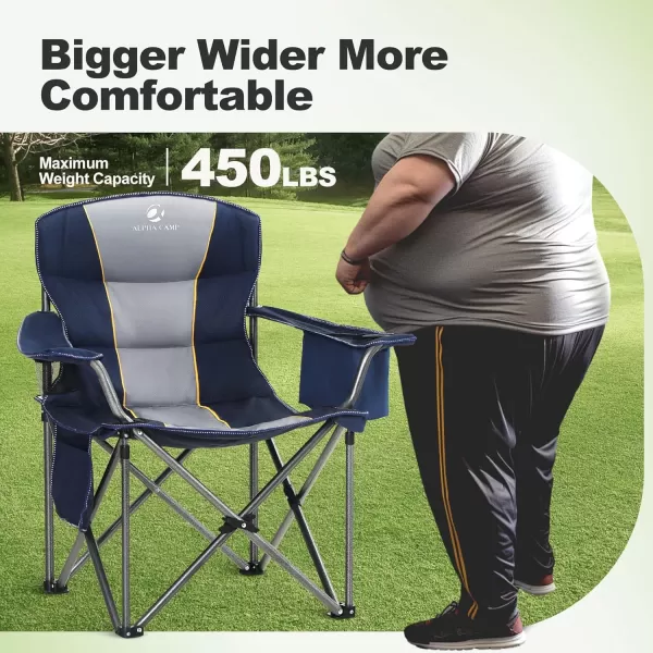 LETS CAMP Folding Camping Chair Oversized Heavy Duty Padded Outdoor Chair with Cup Holder Storage and Cooler Bag 450 LBS Weight Capacity Thicken 600D OxfordNavy Blue
