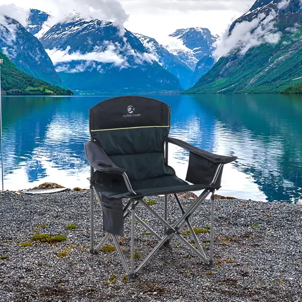 LETS CAMP Folding Camping Chair Oversized Heavy Duty Padded Outdoor Chair with Cup Holder Storage and Cooler Bag 450 LBS Weight Capacity Thicken 600D OxfordGreen