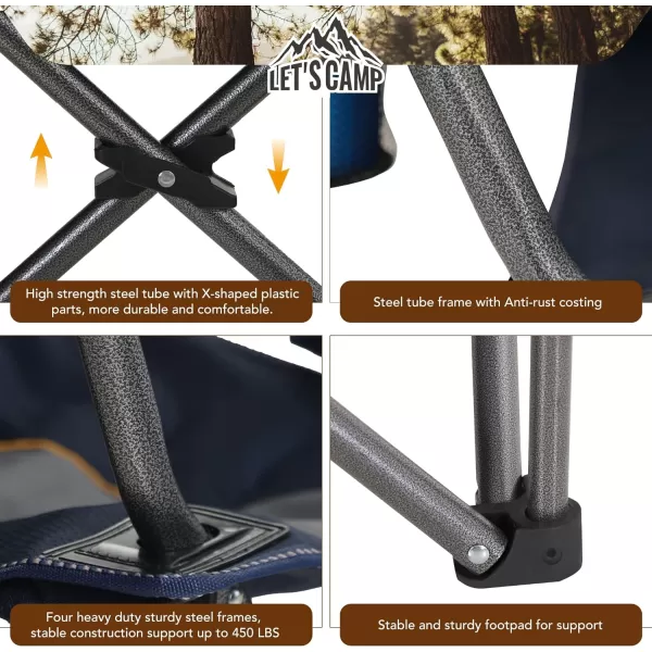 LETS CAMP Folding Camping Chair Oversized Heavy Duty Padded Outdoor Chair with Cup Holder Storage and Cooler Bag 450 LBS Weight Capacity Thicken 600D OxfordNavy Blue
