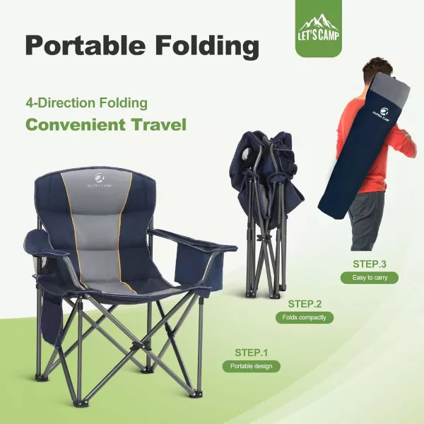 LETS CAMP Folding Camping Chair Oversized Heavy Duty Padded Outdoor Chair with Cup Holder Storage and Cooler Bag 450 LBS Weight Capacity Thicken 600D OxfordNavy Blue