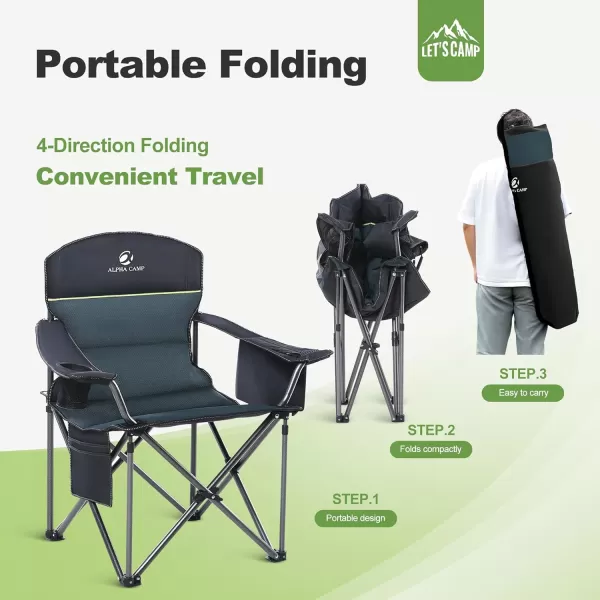 LETS CAMP Folding Camping Chair Oversized Heavy Duty Padded Outdoor Chair with Cup Holder Storage and Cooler Bag 450 LBS Weight Capacity Thicken 600D OxfordGreen