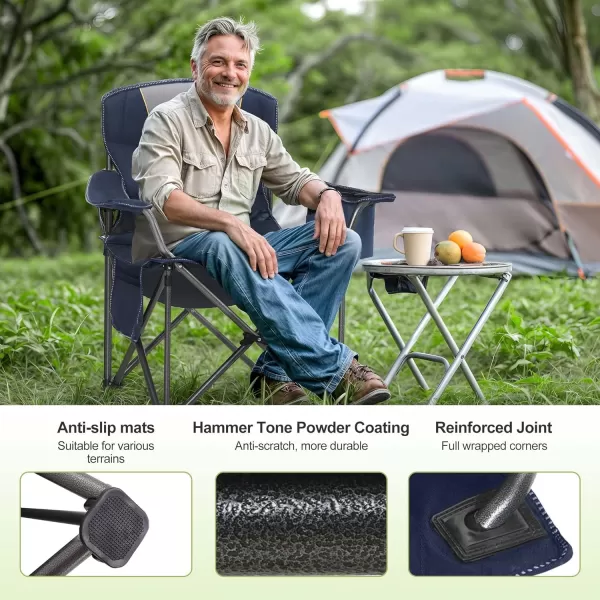 LETS CAMP Folding Camping Chair Oversized Heavy Duty Padded Outdoor Chair with Cup Holder Storage and Cooler Bag 450 LBS Weight Capacity Thicken 600D OxfordNavy Blue