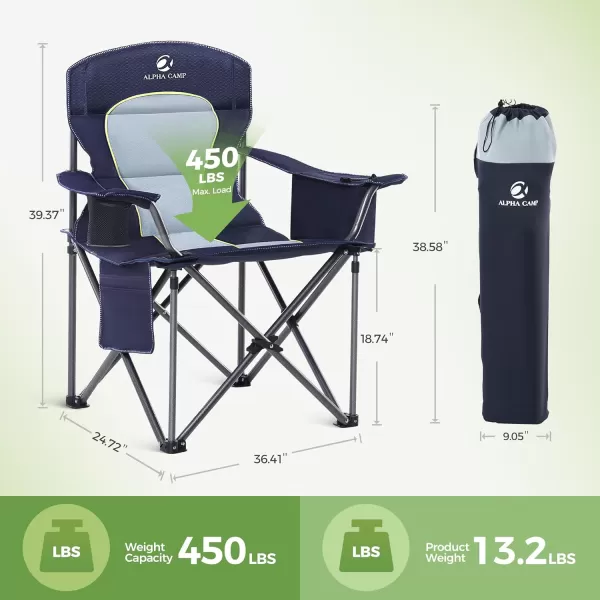 LETS CAMP Folding Camping Chair Oversized Heavy Duty Padded Outdoor Chair with Cup Holder Storage and Cooler Bag 450 LBS Weight Capacity Thicken 600D OxfordBlue