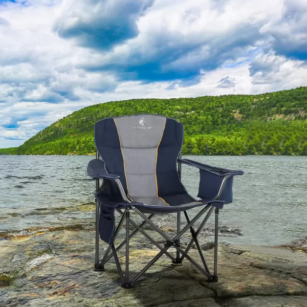 LETS CAMP Folding Camping Chair Oversized Heavy Duty Padded Outdoor Chair with Cup Holder Storage and Cooler Bag 450 LBS Weight Capacity Thicken 600D OxfordNavy Blue