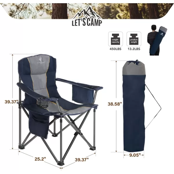 LETS CAMP Folding Camping Chair Oversized Heavy Duty Padded Outdoor Chair with Cup Holder Storage and Cooler Bag 450 LBS Weight Capacity Thicken 600D OxfordNavy Blue