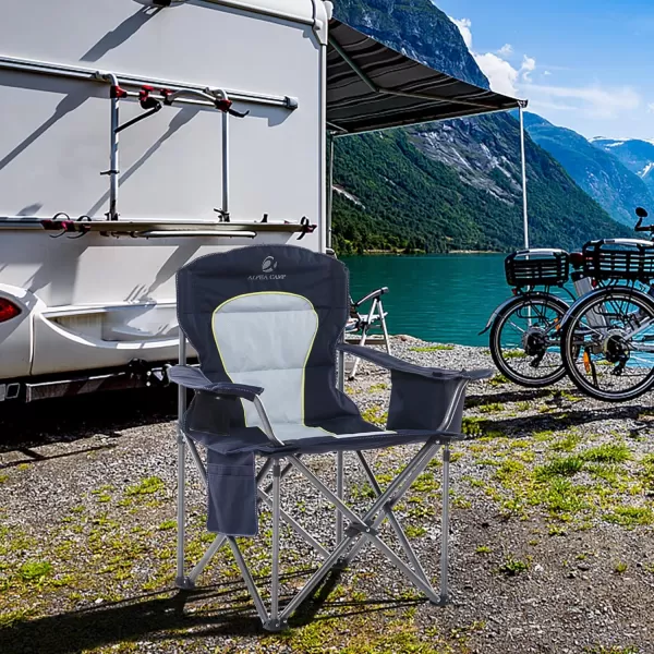 LETS CAMP Folding Camping Chair Oversized Heavy Duty Padded Outdoor Chair with Cup Holder Storage and Cooler Bag 450 LBS Weight Capacity Thicken 600D OxfordBlue