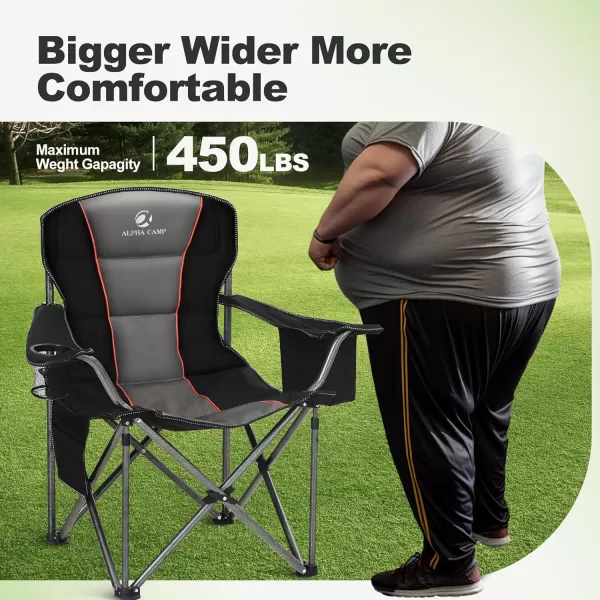 LETS CAMP Folding Camping Chair Oversized Heavy Duty Padded Outdoor Chair with Cup Holder Storage and Cooler Bag 450 LBS Weight Capacity Thicken 600D OxfordBlack