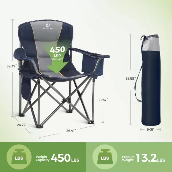 LETS CAMP Folding Camping Chair Oversized Heavy Duty Padded Outdoor Chair with Cup Holder Storage and Cooler Bag 450 LBS Weight Capacity Thicken 600D OxfordNavy Blue