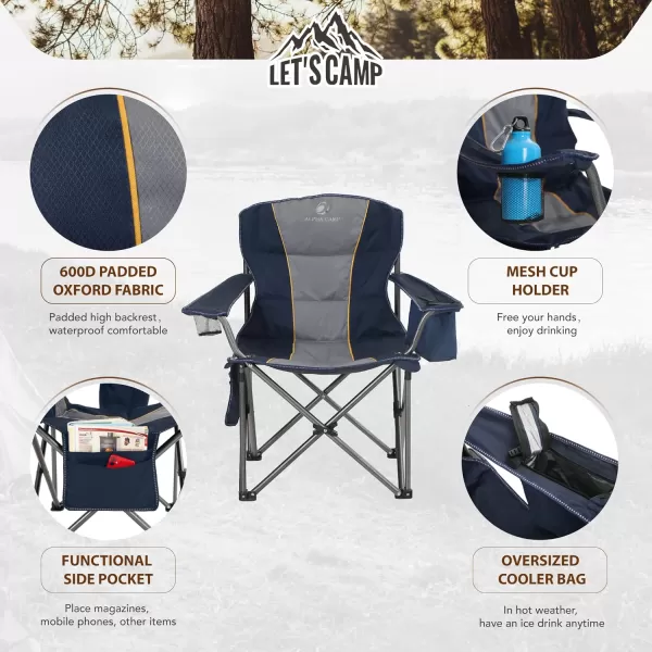 LETS CAMP Folding Camping Chair Oversized Heavy Duty Padded Outdoor Chair with Cup Holder Storage and Cooler Bag 450 LBS Weight Capacity Thicken 600D OxfordNavy Blue