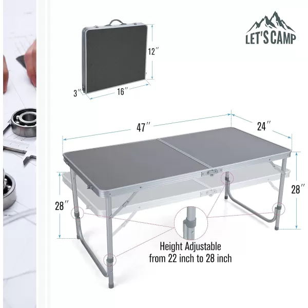 LETS CAMP Folding Camping Table 4FT Aluminum Camping Table Portable Picnic Dining Table Lightweight Folding Card Table wHandle for Indoor Outdoor Patio Backyard Party Work