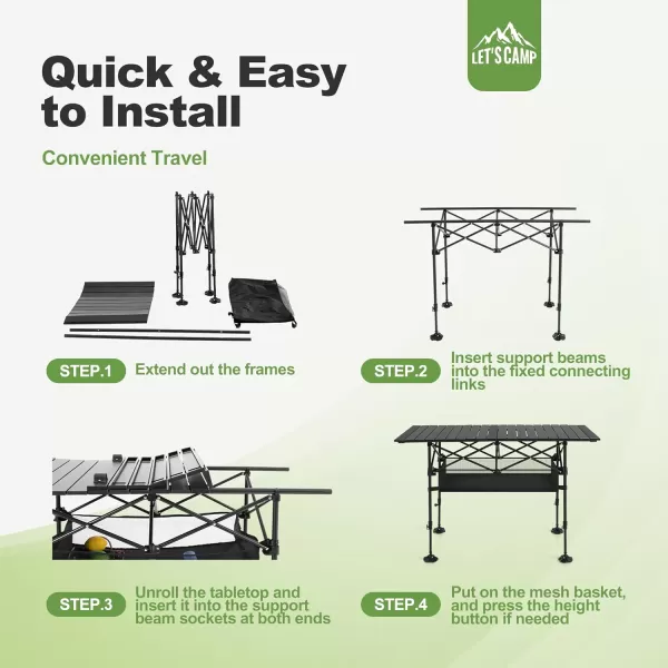 LETS CAMP Folding Camping Table Portable Aluminum Rollup Picnic Backpacking Table with Adjustable Height Large Storage and Carrying Bag for Picnic Camping BBQ Party Backyard Beach